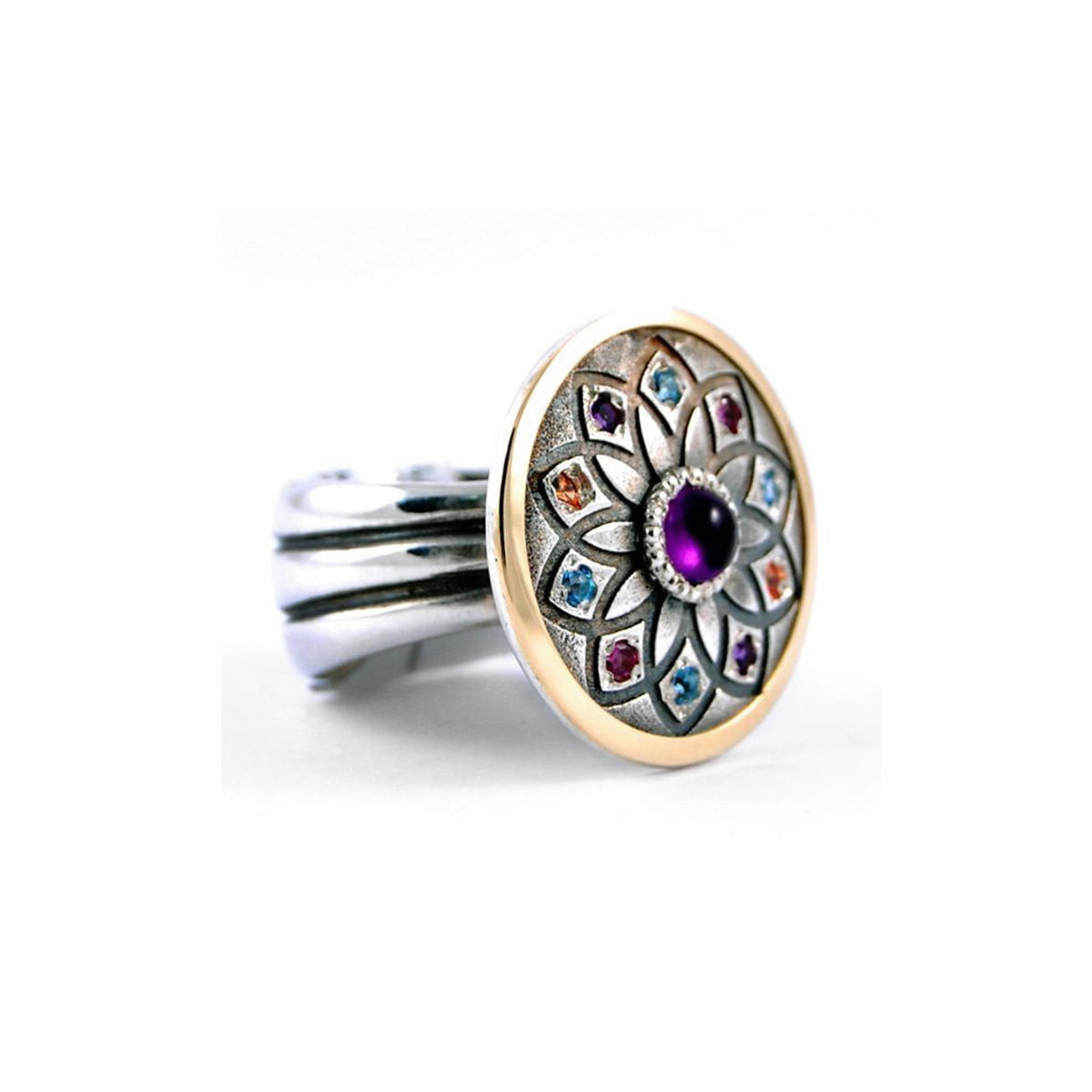 STERLING SILVER AND GOLD RING WITH COLORED STONES