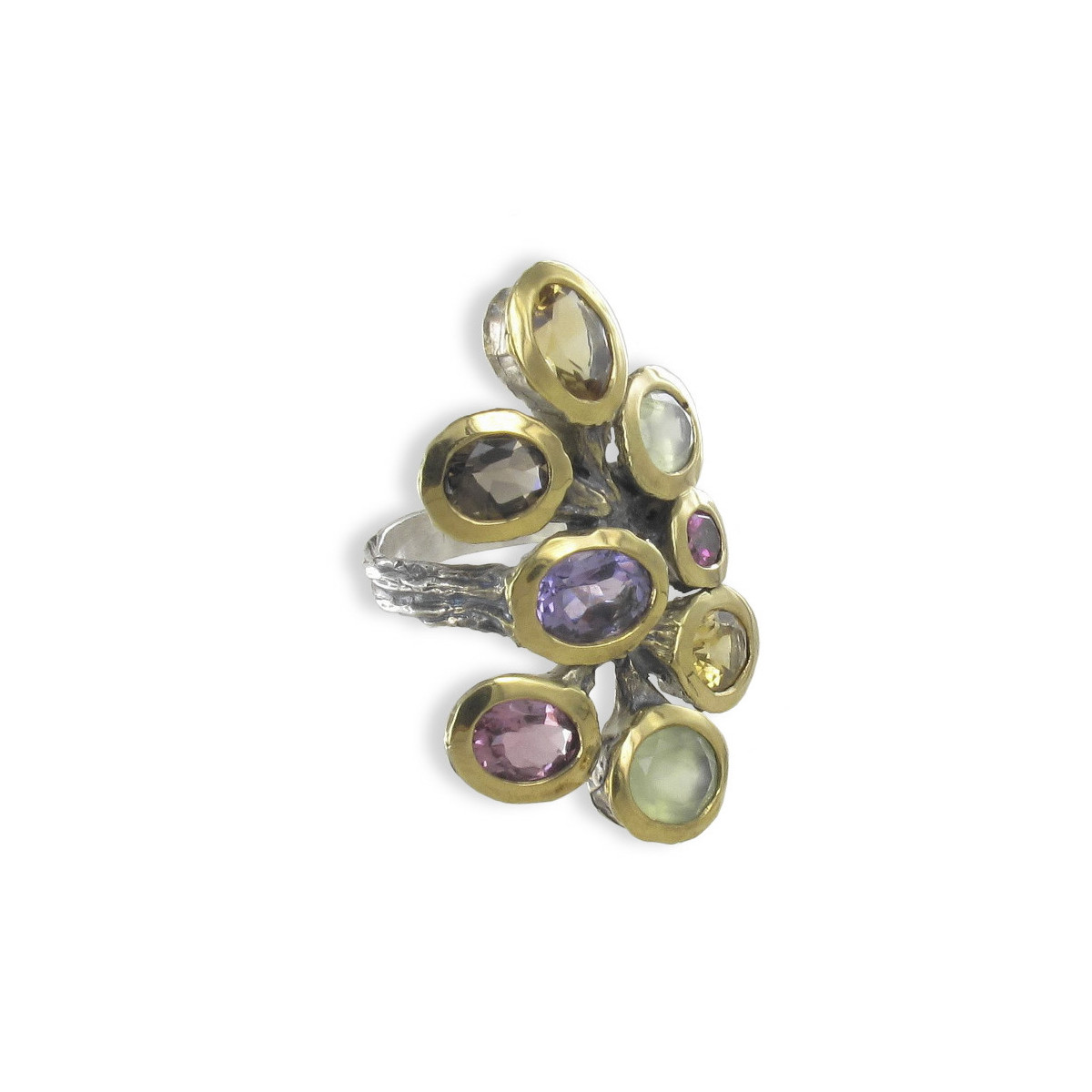 WIDE SILVER AND GOLD RING WITH 8 STONES