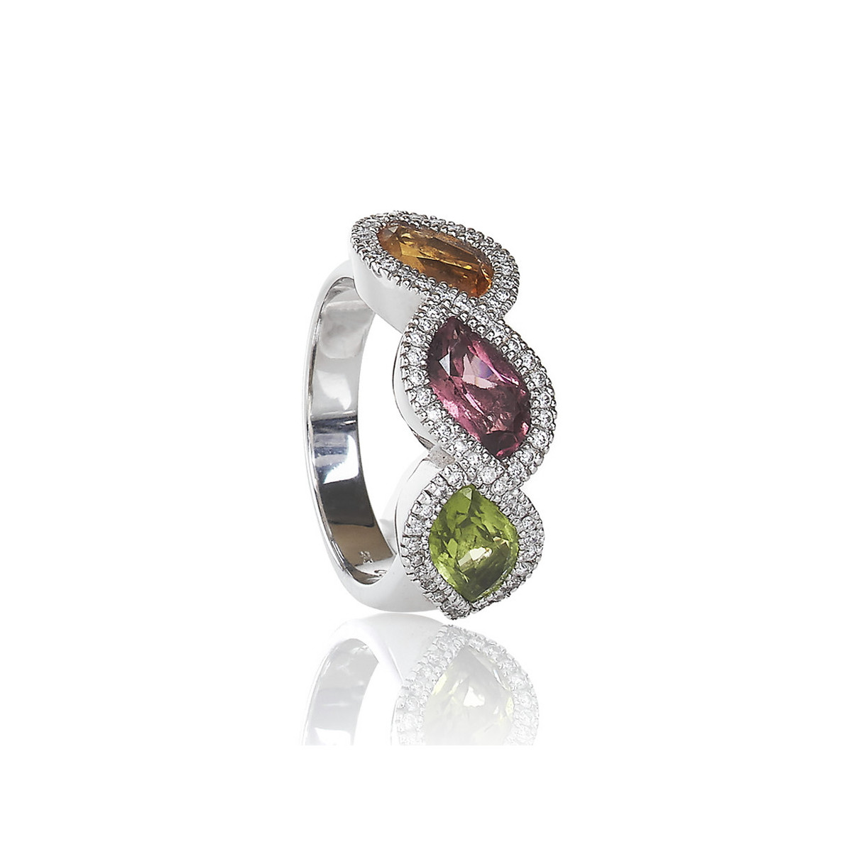 GOLD DIAMONDS AND 3 COLORS STONES RING
