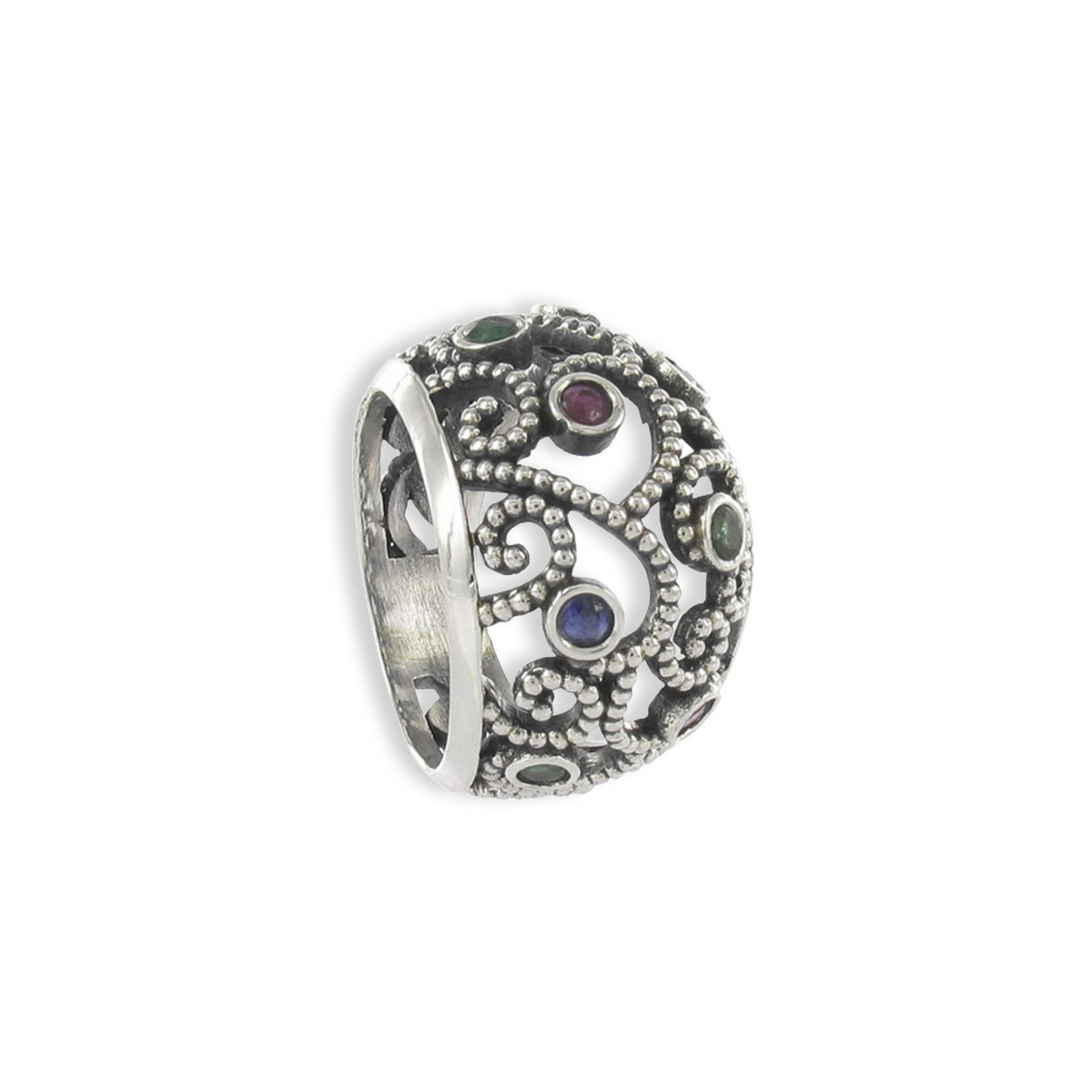 SILVER RING WITH EMERALD, RUBY AND SAPPHIRE
