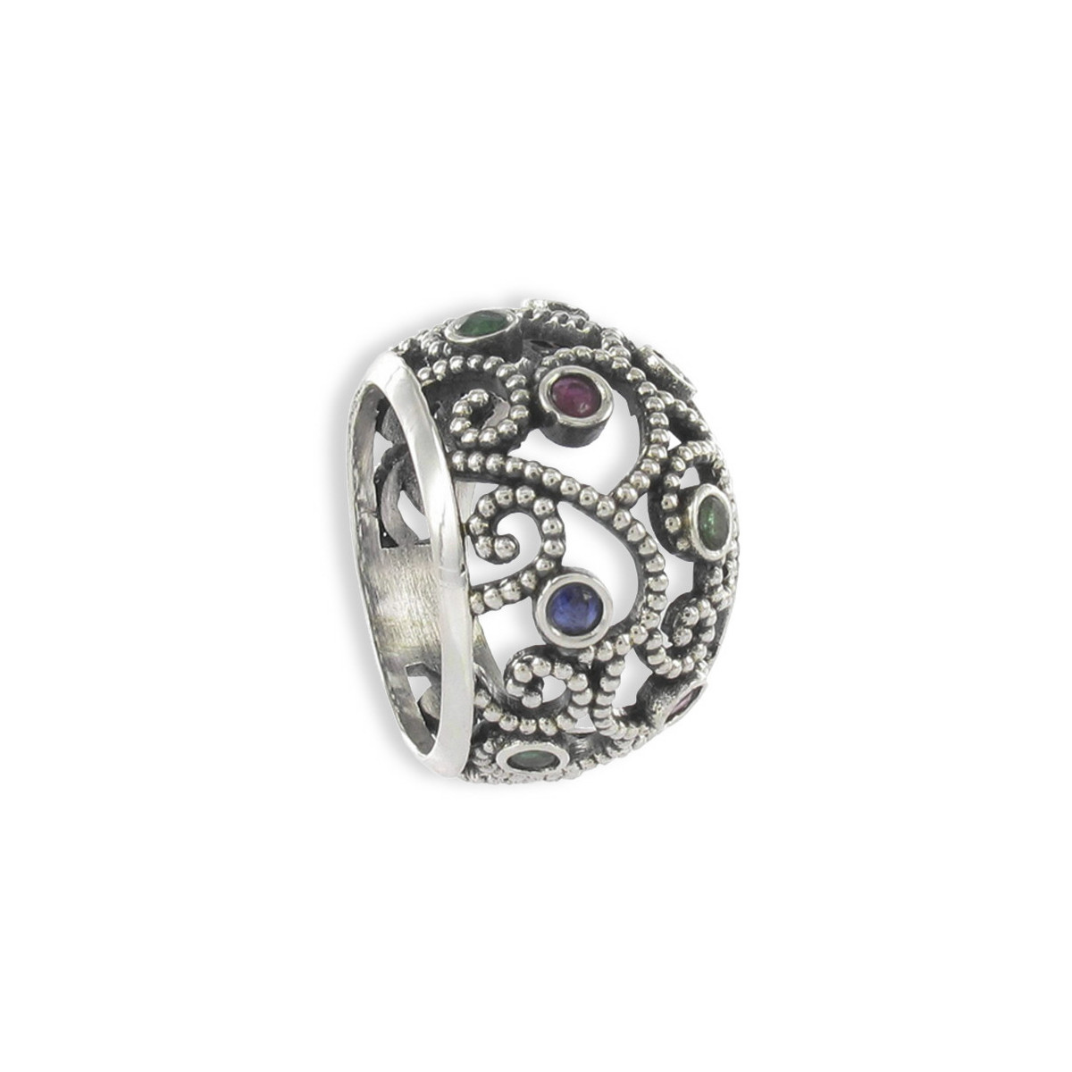 ANILLO PLATA CON ESMERALDA, RUBI Y ZAFIRO
