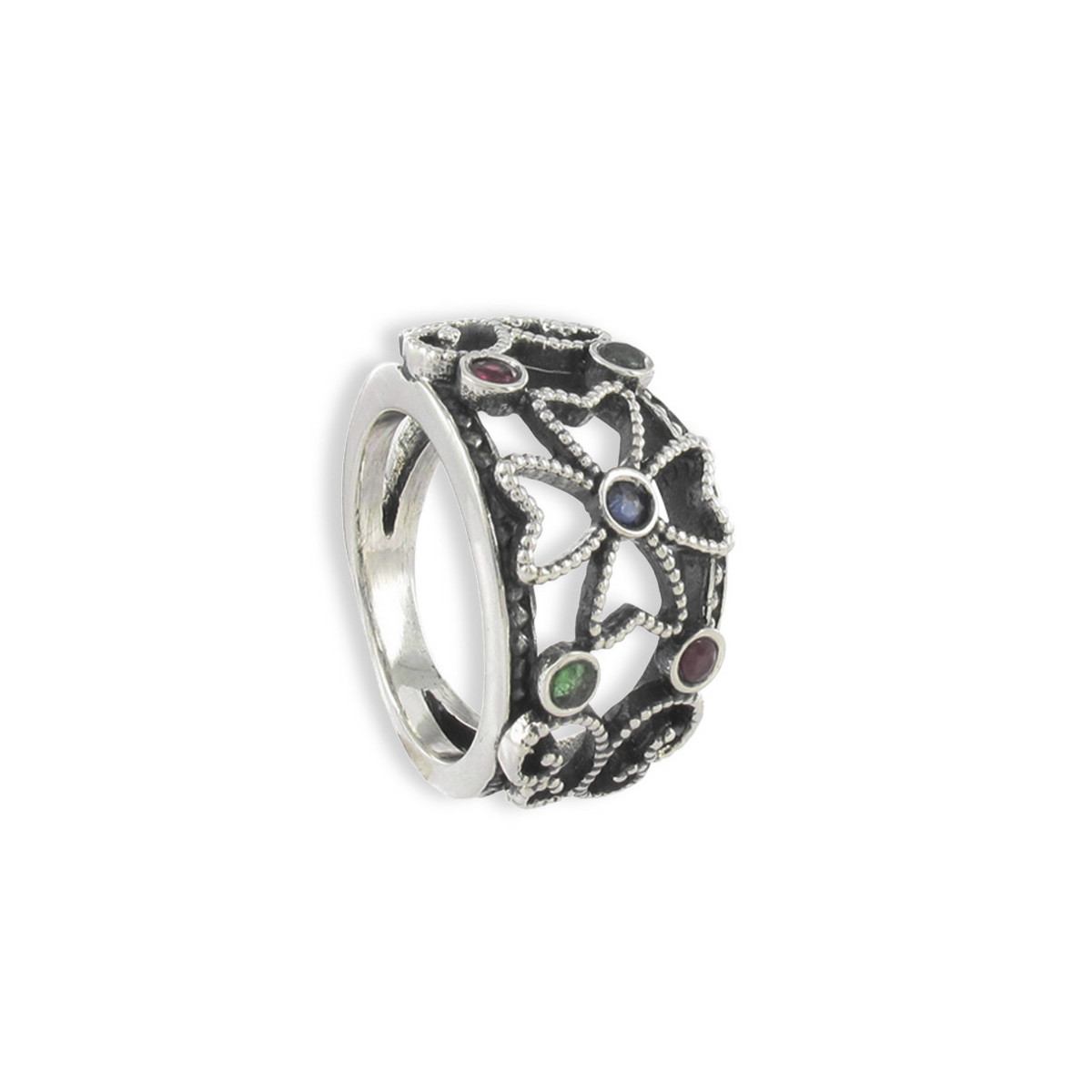 SILVER RING AND COLORED PRECIOUS STONES