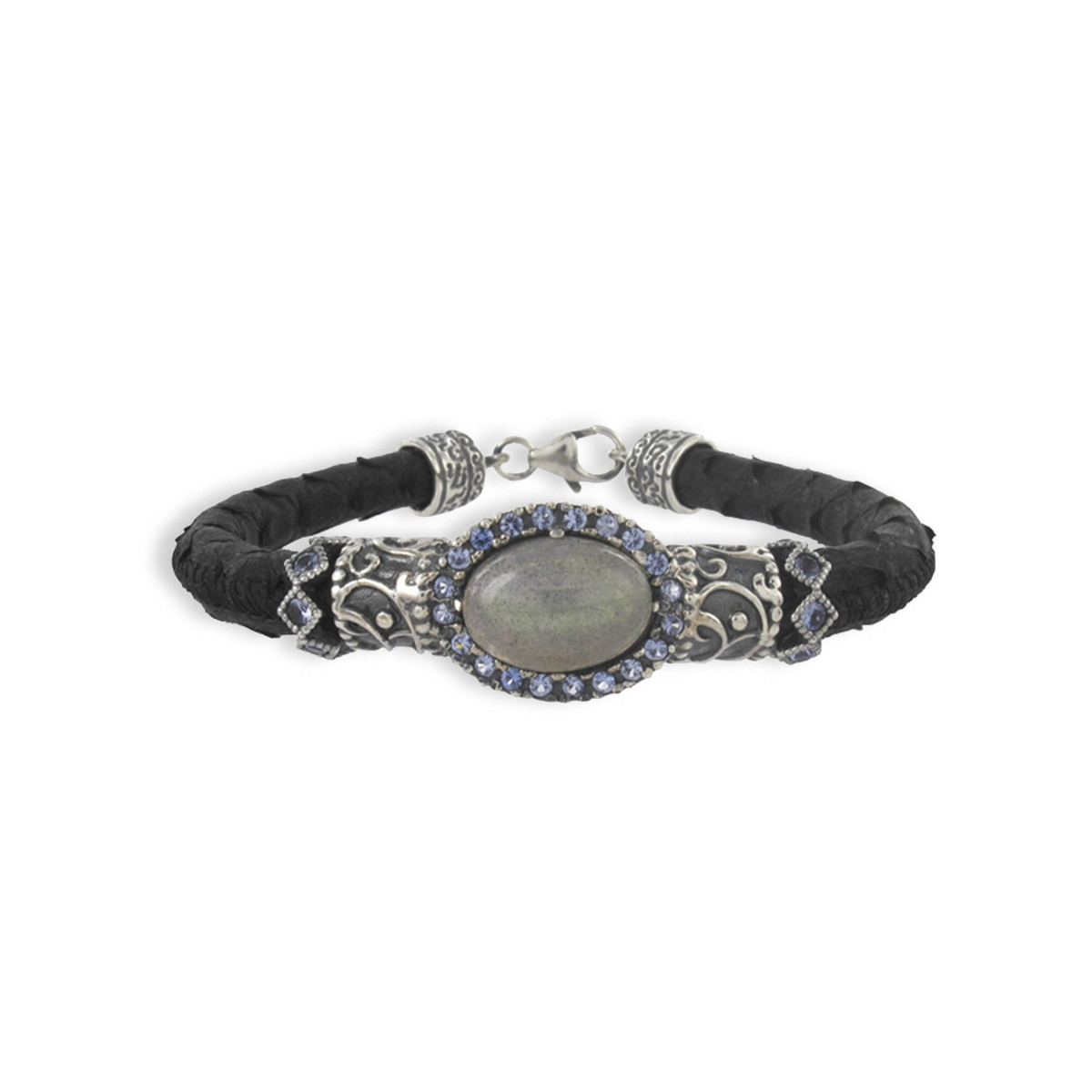SILVER AND LEATHER BRACELET WITH NATURAL STONES