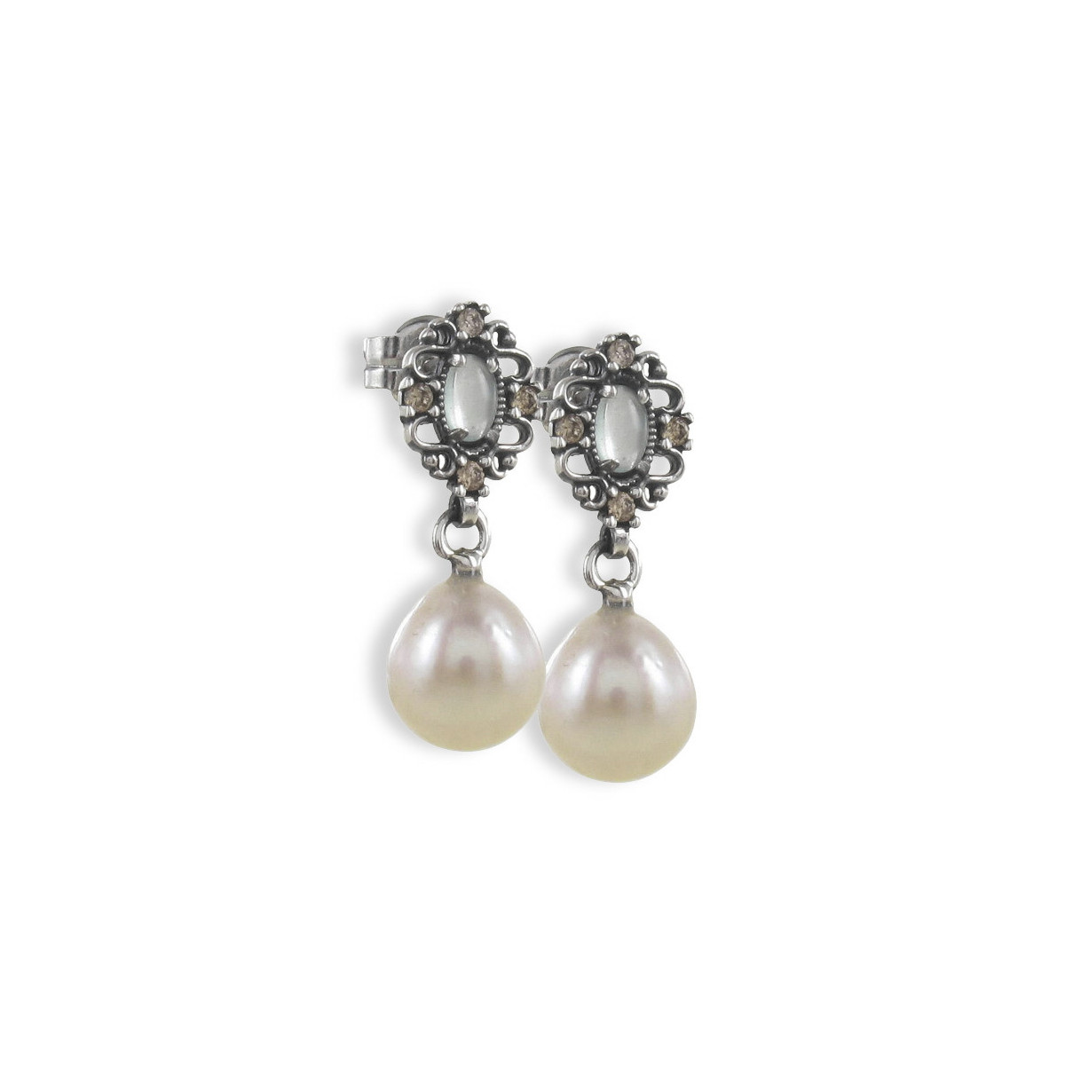 SILVER EARRINGS WITH PEARL AND OVAL CHALCEDONY