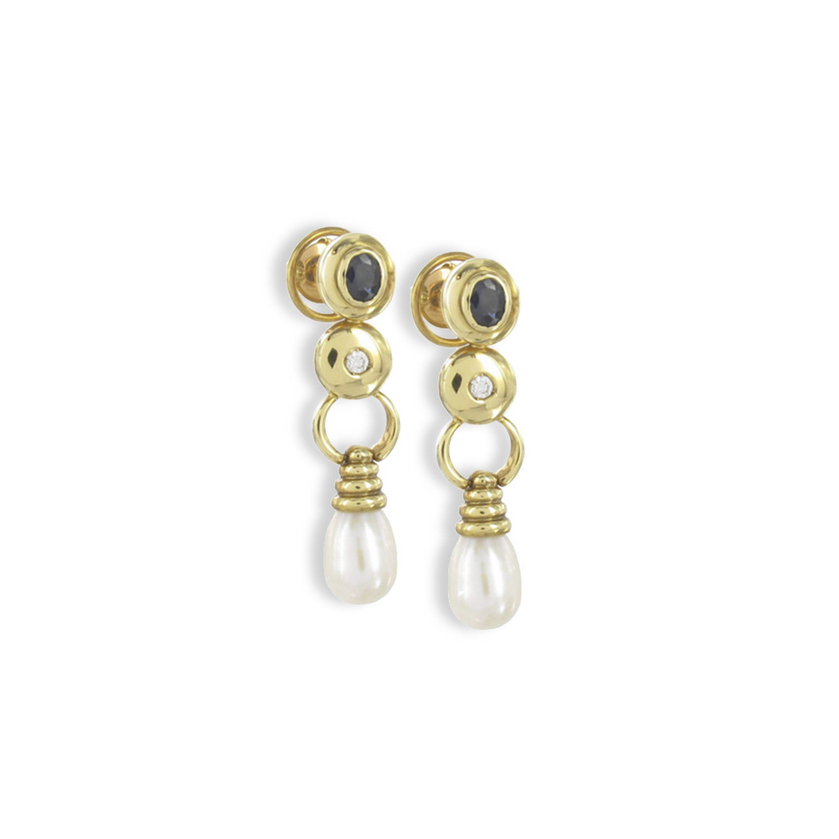 YELLOW GOLD EARINGS W/ PEARL,SAPPHIRE AND DIAMONDS