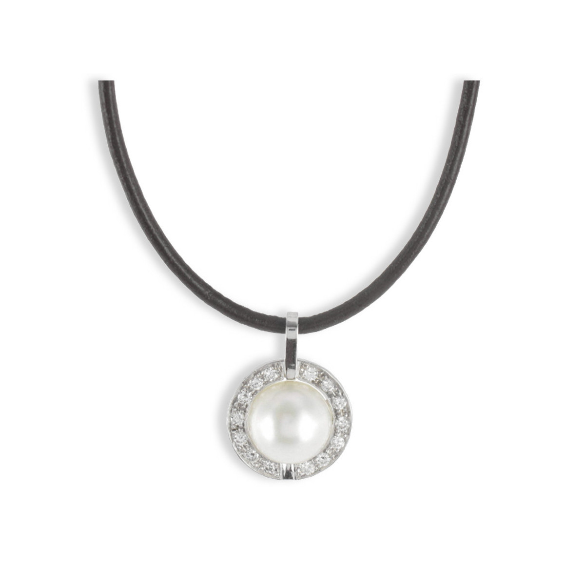 WHITE GOLD PEARL DIAMOND AND LEATHER NECKLACE