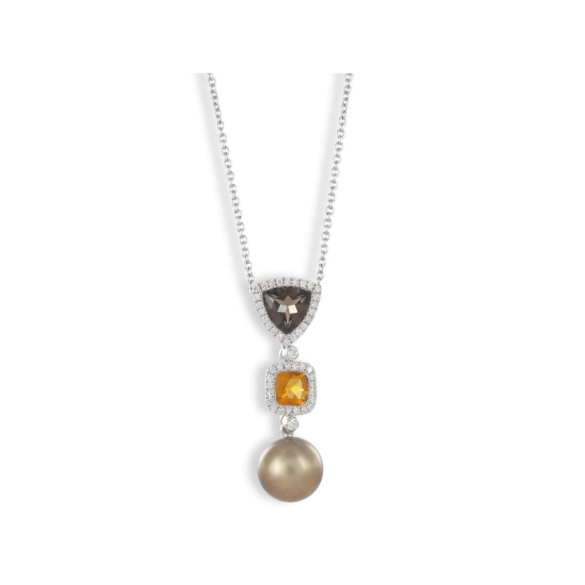 WHITE GOLD QUARTZ  DIAMOND AND PEARL NECKLACE