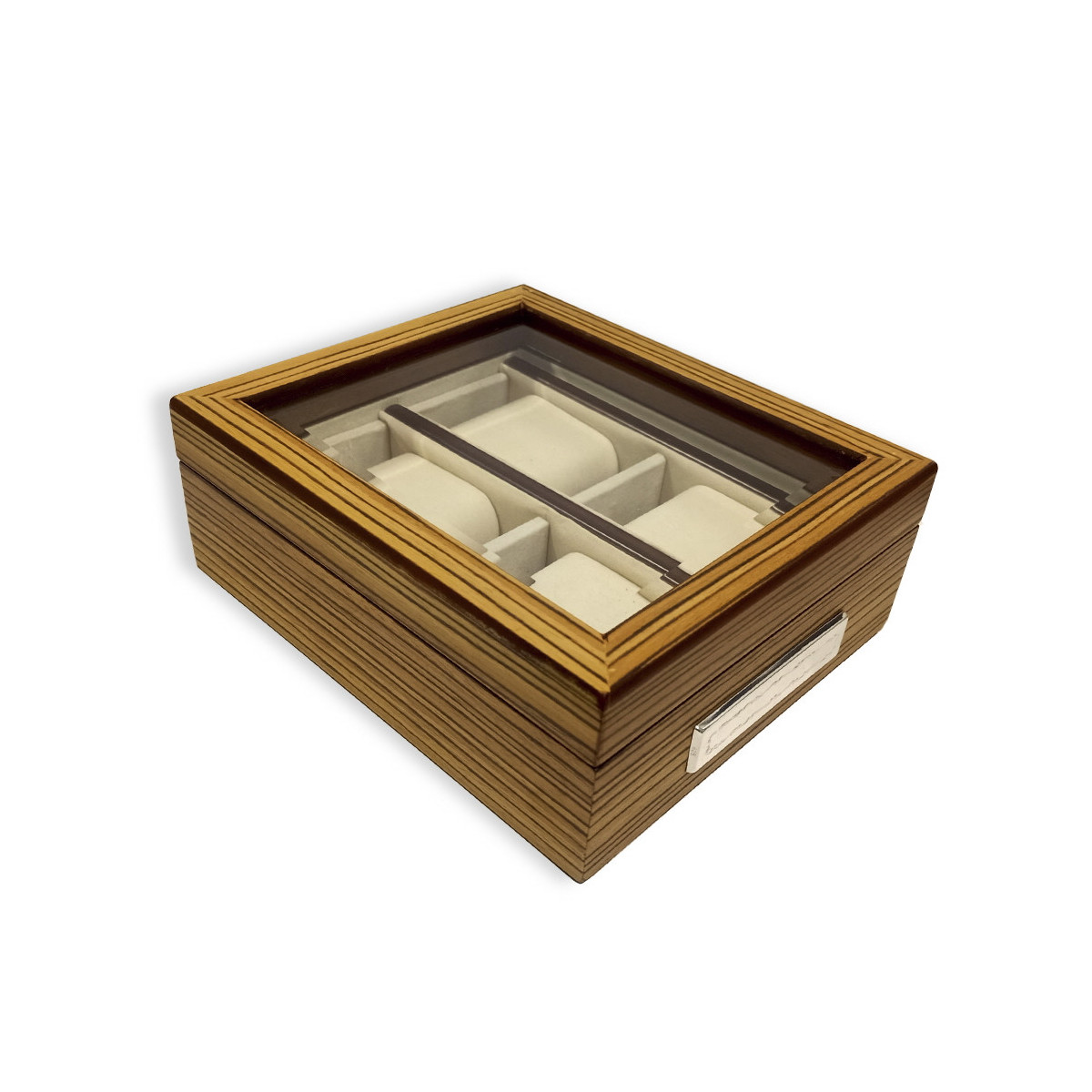 WOODEN BOX FOR 4 WATCHES WITH SILVER PLATE