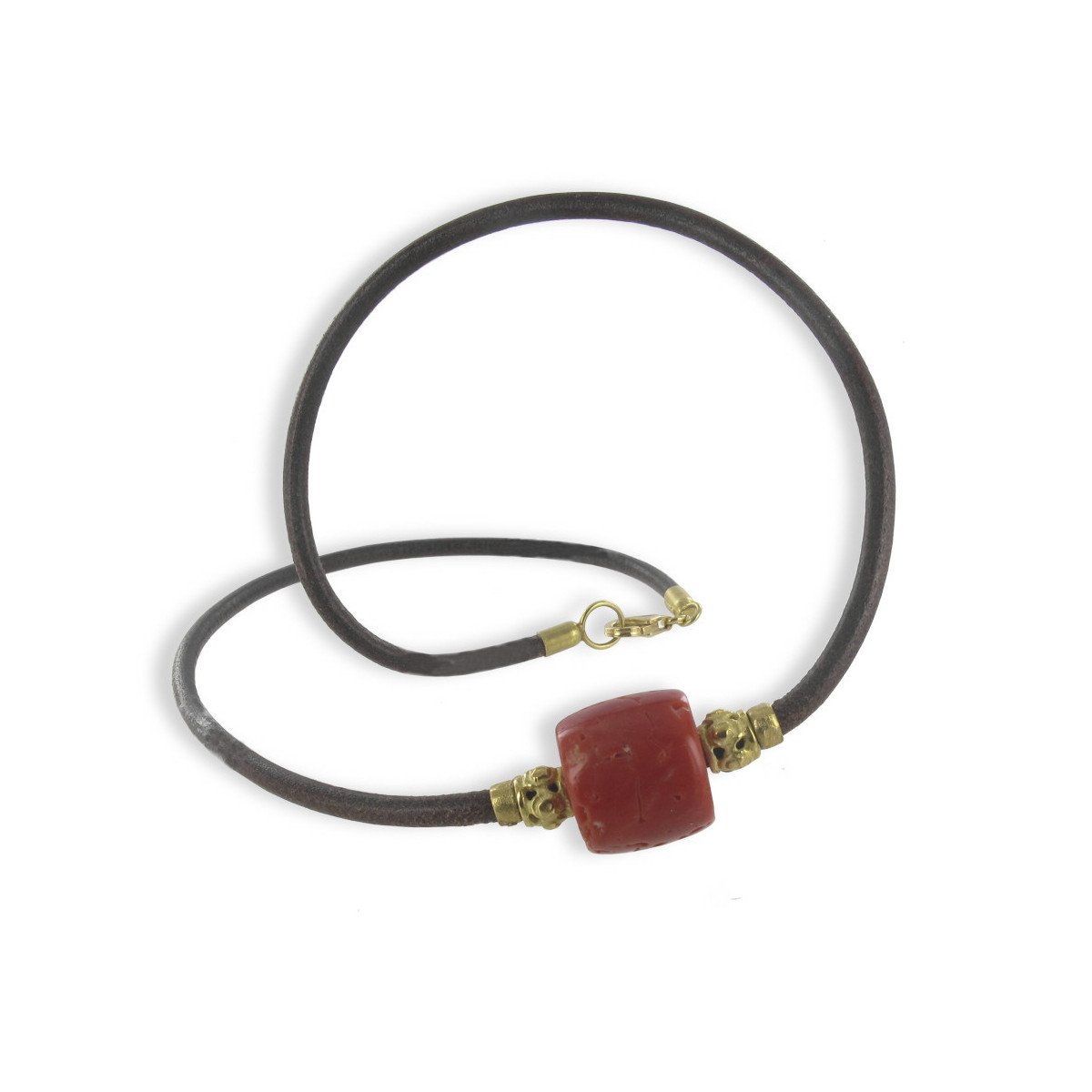 LEATHER AND GOLD NECKLACE WITH CORAL