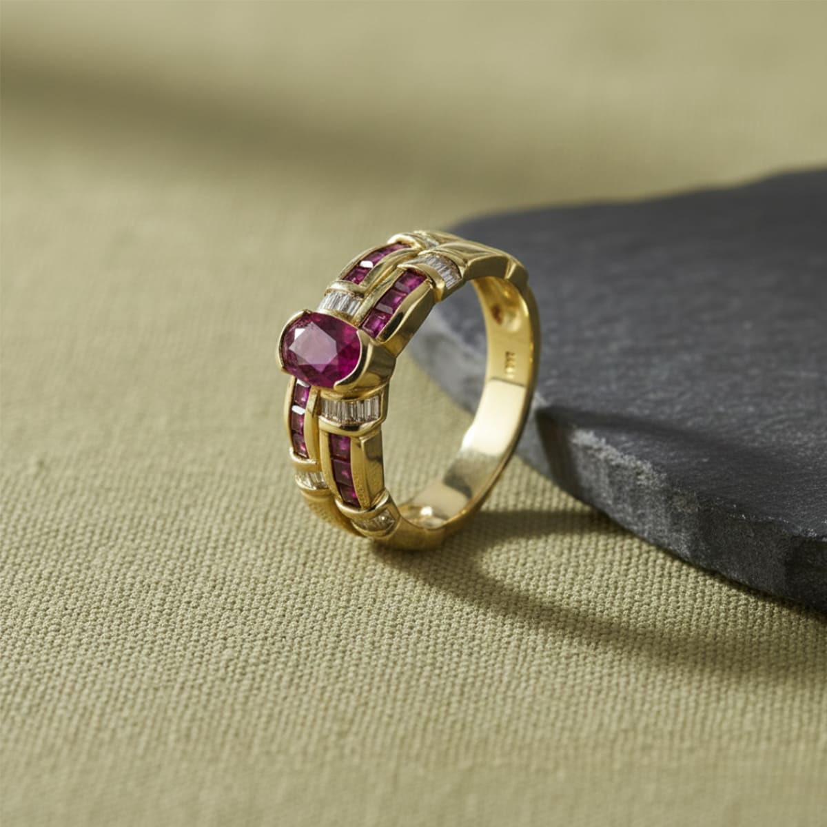 ANILLO ORO RUBIS Y DIAMANTES