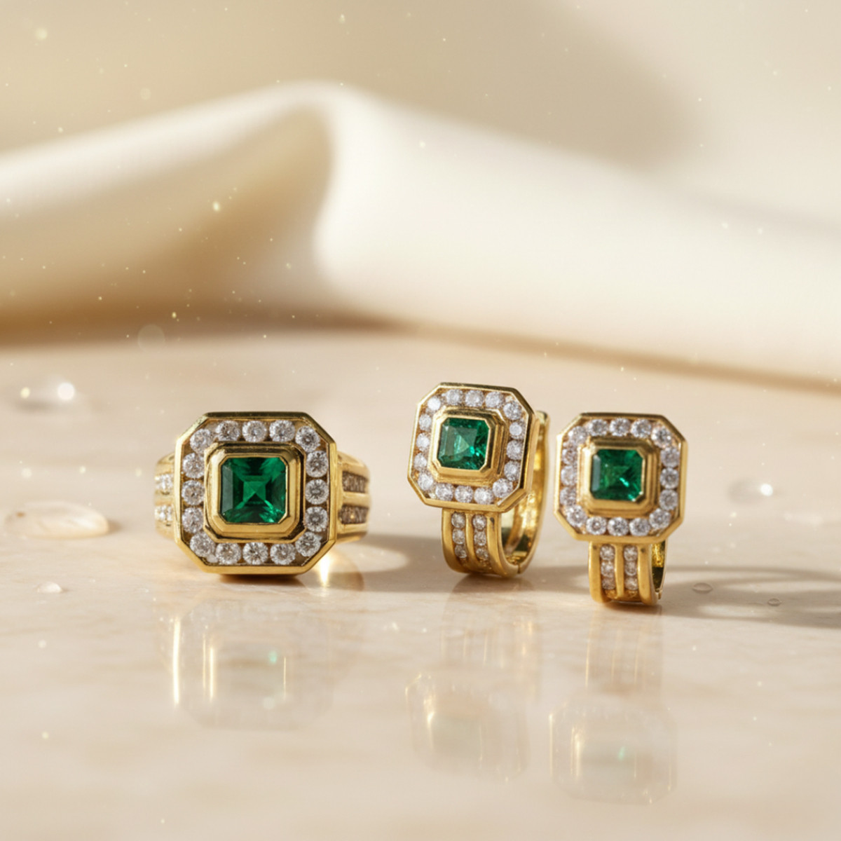 PENDIENTES ORO DIAMANTES Y 2 ESMERALDAS