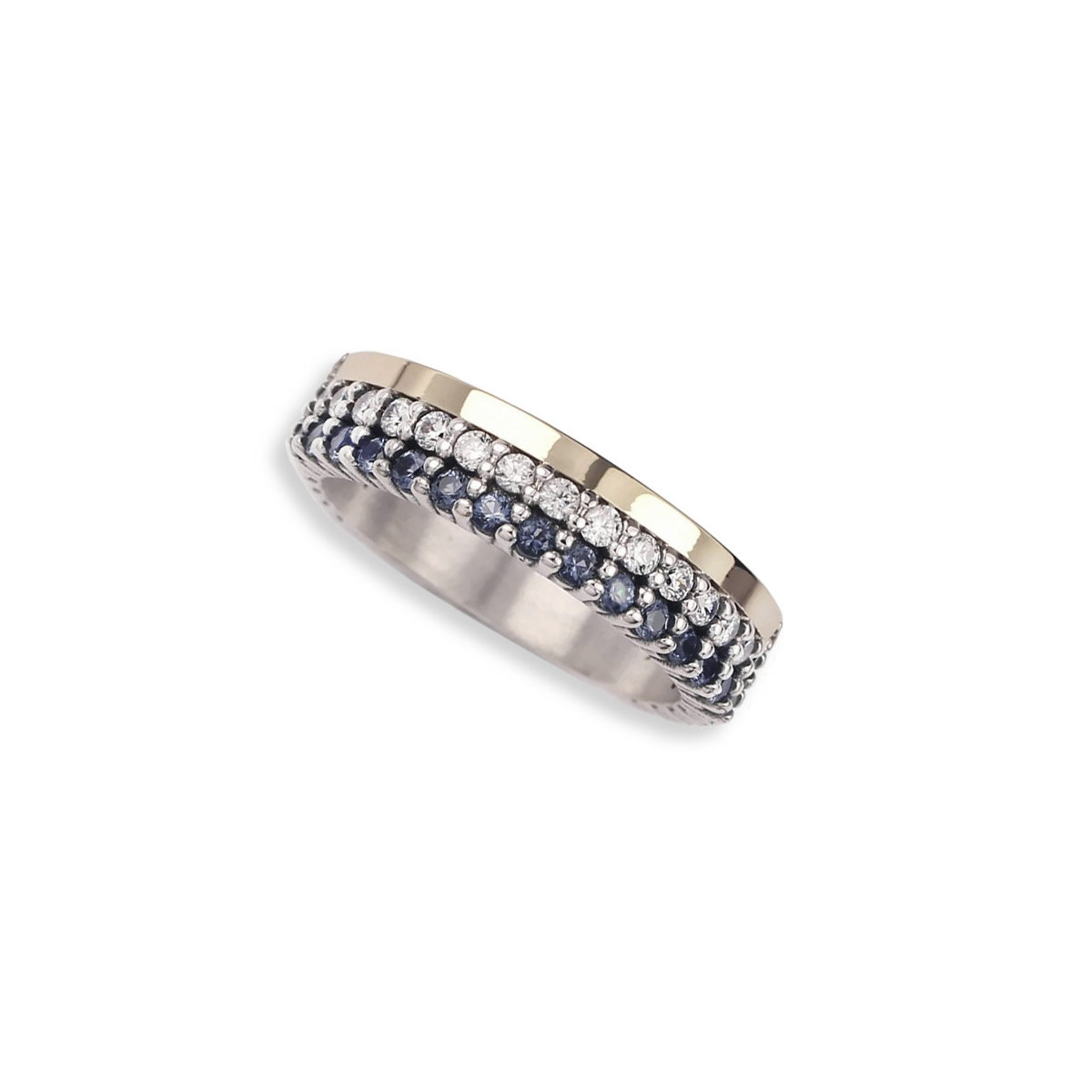 SILVER AND GOLD RING WITH BLUE SPINELS